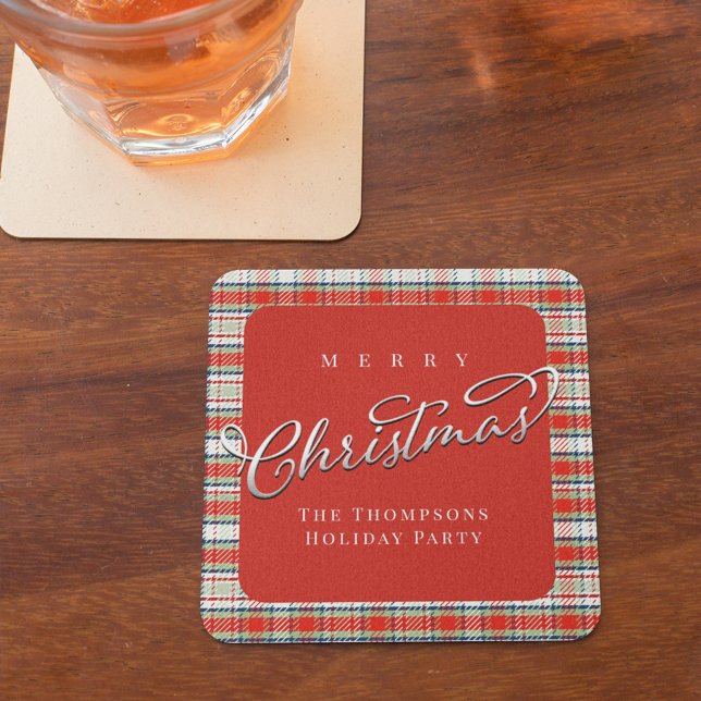 Rot und Grün Kariert frohe Weihnachten Custom Rechteckiger Pappuntersetzer (Merry Christmas red and green holiday plaid paper coaster)