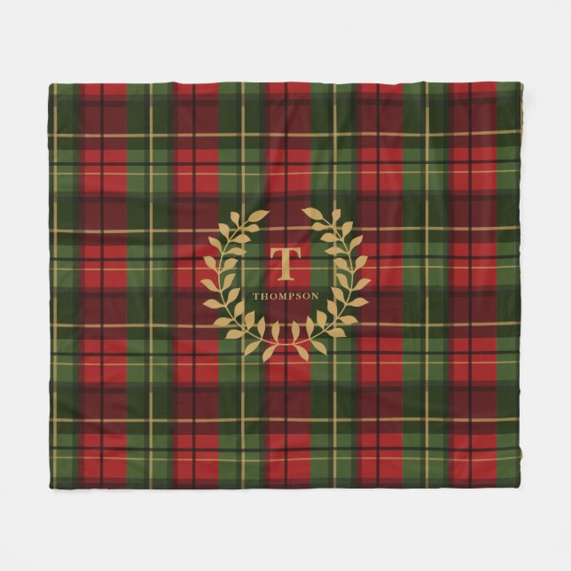 Rot und Grün kariert mit individuellem Monogramm-K Fleecedecke (Vorderseite (Horizontal))