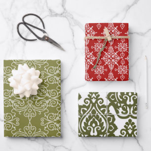Rot und Grün klassisches Damast-Muster Weihnachten Geschenkpapier Set