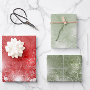 Rot und Grün mit weißer Poinsettia und Blume  Geschenkpapier Set