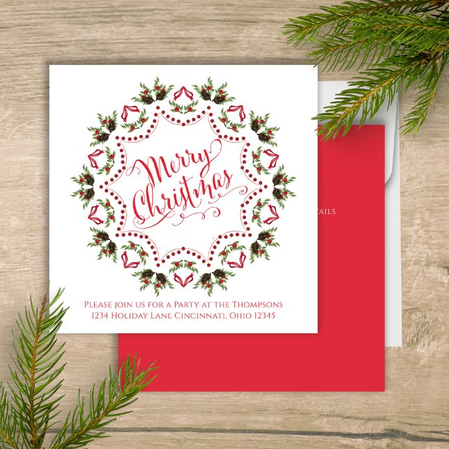 Rot und Grün Niedlich Frohe Weihnachten Party Einladung (Merry Christmas holiday party invitation with whimsical calligraphy script. )