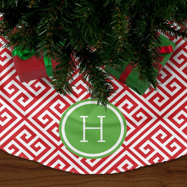 Rot und grüne griechische Schlüsselmonogramm Polyester Weihnachtsbaumdecke (Von Creator hochgeladen)
