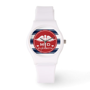 Rot-und Marine-StreifenCaduceus MD Doktor Armbanduhr