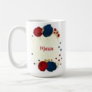 Rot- und Marineblumen Goldblumen Blätter Hochzeit Kaffeetasse