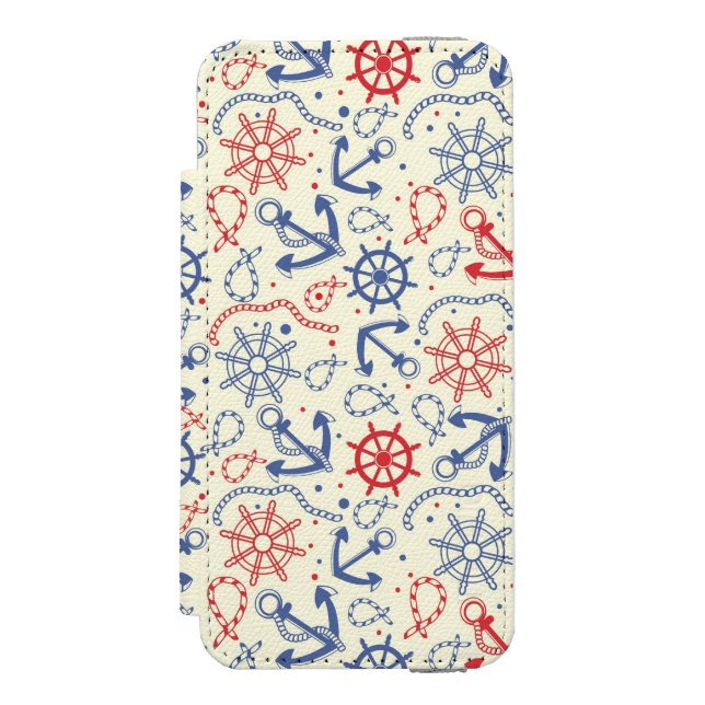 Rot und Marinehintergrund mit Anker Incipio iPhone Geldbeutel-Hülle (Folio Vorderseite)