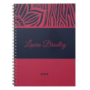 Rot und Navy Blauer Zebra Linocut Name & Jahr Notizblock