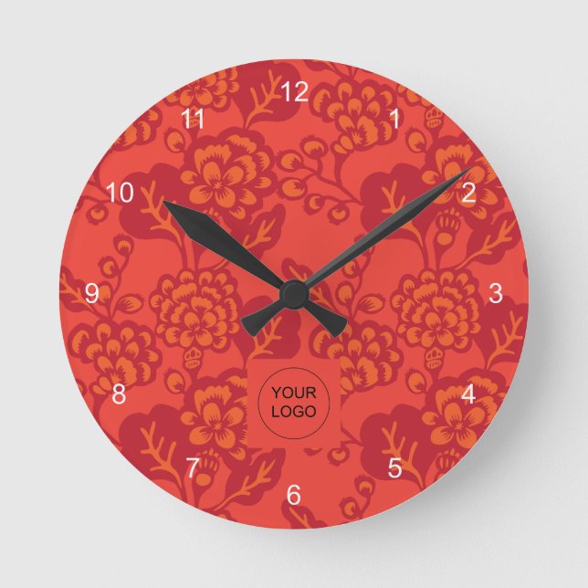 Rot und Orange Vibranand Bold Floral Pattern Runde Wanduhr (Vorderseite)