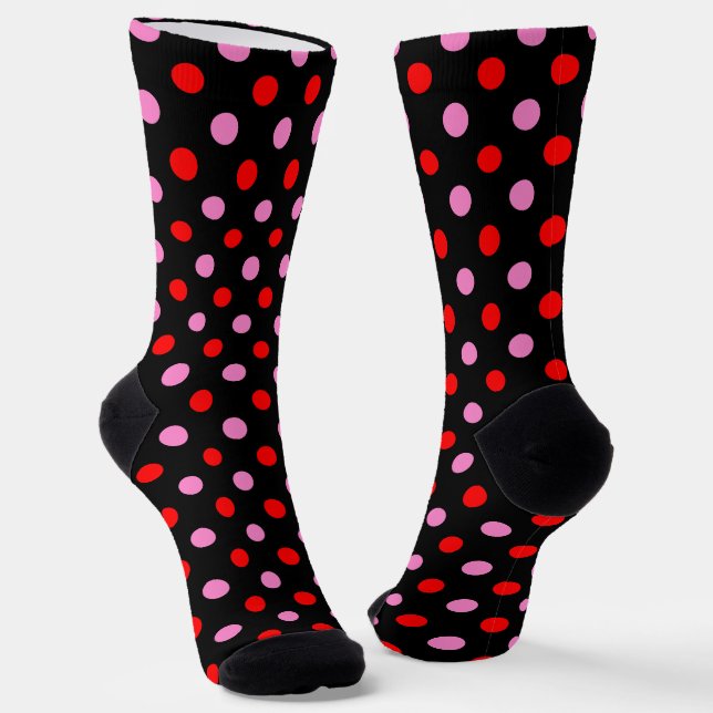 Rot und Pink auf Schwarz Punkte Design  Socken (Gewinkelt)