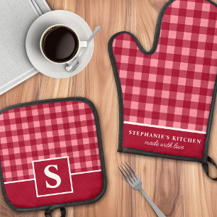 Rot und Rosa Gingham Kariert überprüft Mit Monogra Ofenhandschuh & Topflappen-Set