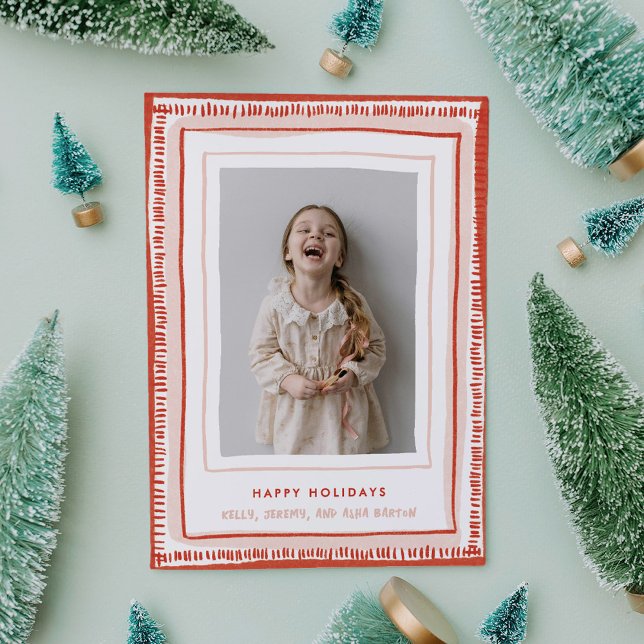 Rot und Rosa handGezeichnet Foto für Aquarellbilde Feiertagskarte (Playfully hand-drawn frame with watercolor details makes this holiday photo card a joy to open.)