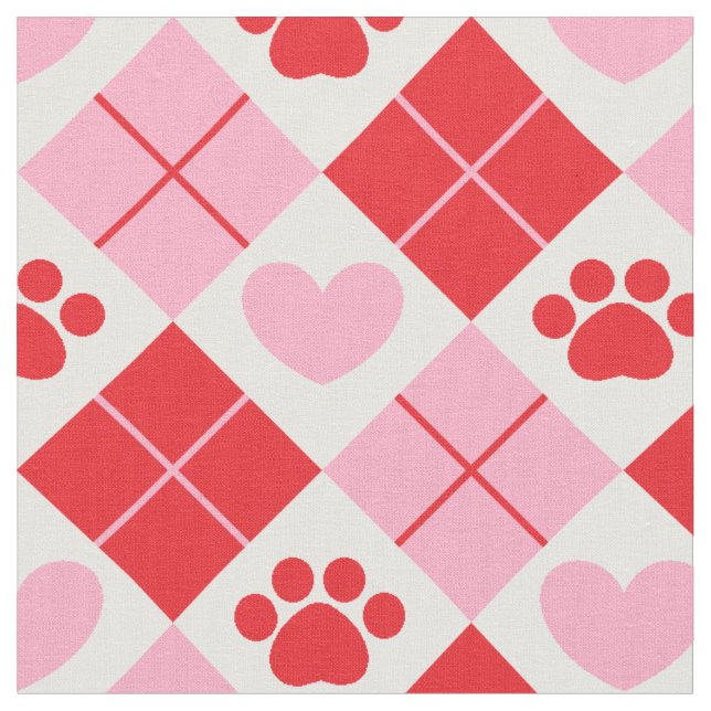 Rot und Rosa Raute Paw Print & Heart Pattern Stoff (Nahaufnahme)