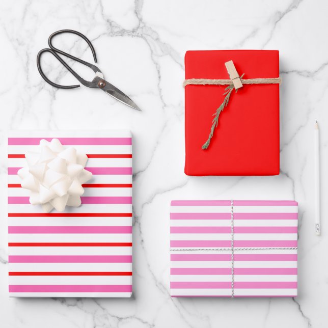 Rot und Rosa Streifen Geschenkpapier Set (Vorderseite)
