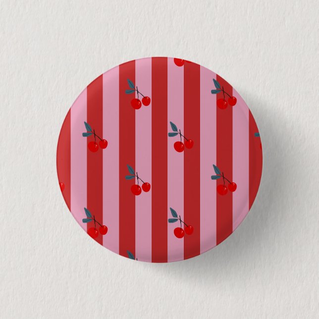 Rot und rosa Streifendesign mit Kirschen Karte  Button (Vorderseite)