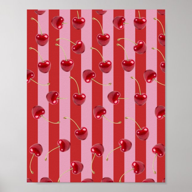 Rot und rosa Streifendesign mit Kirschen Poster (Vorne)