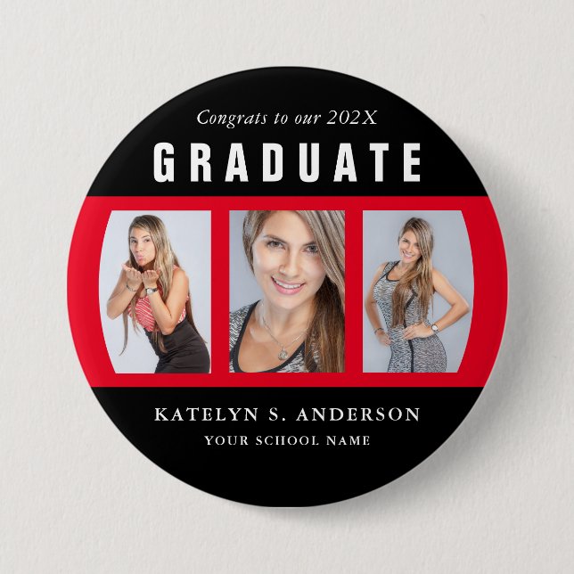 Rot und Schwarz-Abschluss-FotoCollage benutzerdefi Button (Vorderseite)