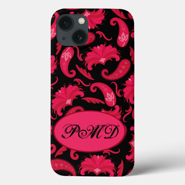Rot und Schwarz Art Deco Paisley Monogram Case-Mate iPhone Hülle (Rückseite)