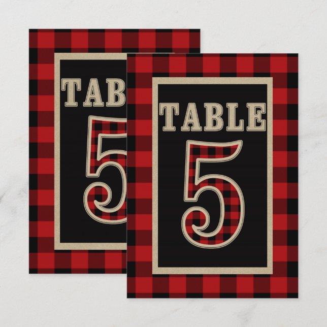 Rot und Schwarz Buffalo Kariert Rustikale Tischnum Einladung (Vorne/Hinten)