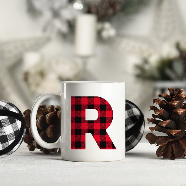 Rot und Schwarz Buffalo, Karierter fettartiger Let Kaffeetasse (Letter R Monogram Christmas Coffee Cup)