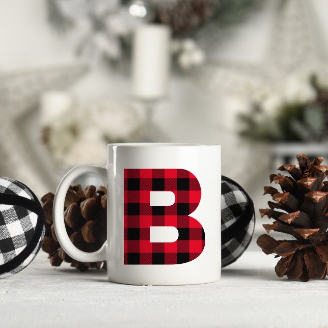 Rot und Schwarz-Buffalo-Karo Fettformatierung B Mo Kaffeetasse (Letter B Monogram)