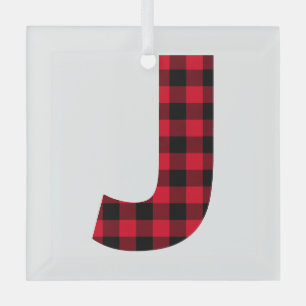 Rot und Schwarz Büffel Karo Bold Buchstabe J Monog Ornament Aus Glas