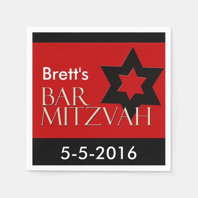 Rot und Schwarz Designer Bar Mitzvah Napkins Serviette (Vorderseite)