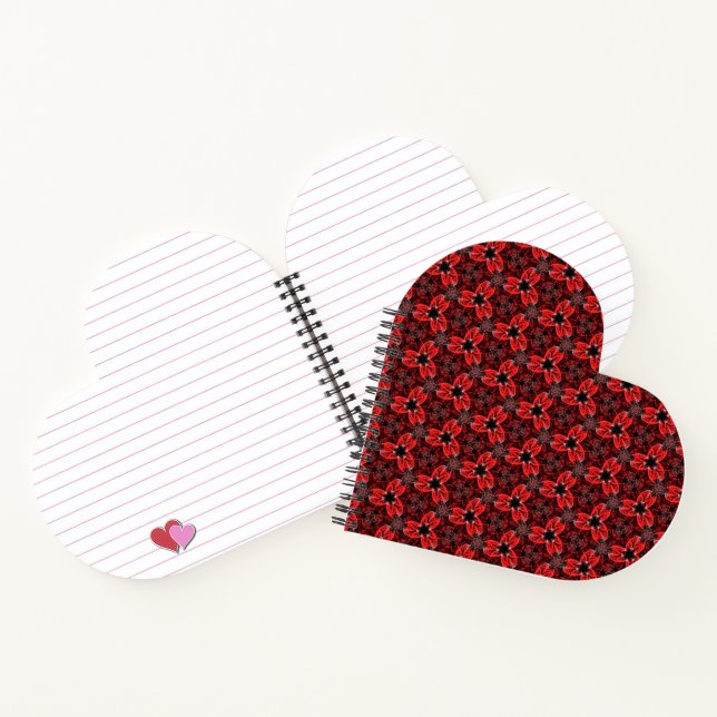 Rot und Schwarz Floral Show Heart Shaped Notebook Notizbuch (Innenseite)