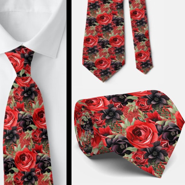 Rot und Schwarz Goth Wasserfarbe Floral Neck Tie Krawatte (Von Creator hochgeladen)