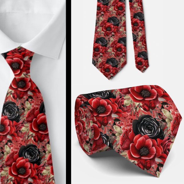 Rot und Schwarz Goth Wasserfarbe Floral Neck Tie Krawatte (Von Creator hochgeladen)