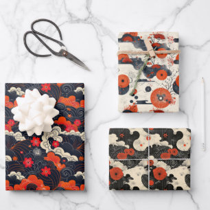 Rot und Schwarz Japandi Oriental Geschenkpapier Set