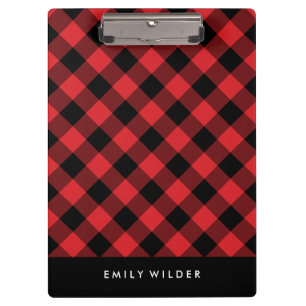 Rot und Schwarz Kariert   Custom Monogram Klemmbrett