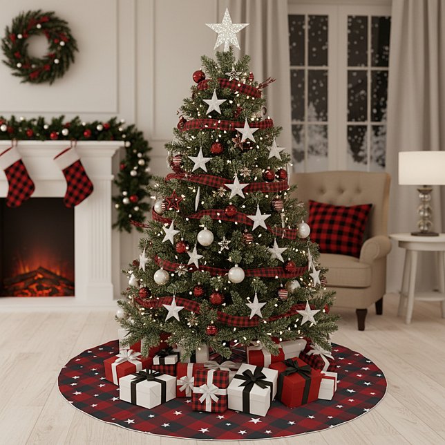 Rot und Schwarz kariert mit Sternen Polyester Weihnachtsbaumdecke (Von Creator hochgeladen)