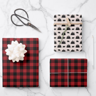 Rot und Schwarz kariert Woodland Geschenkpapier Set