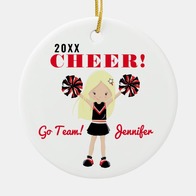 Rot und Schwarz Niedlich Blonde Cheerleader Orname Keramik Ornament (Vorne)