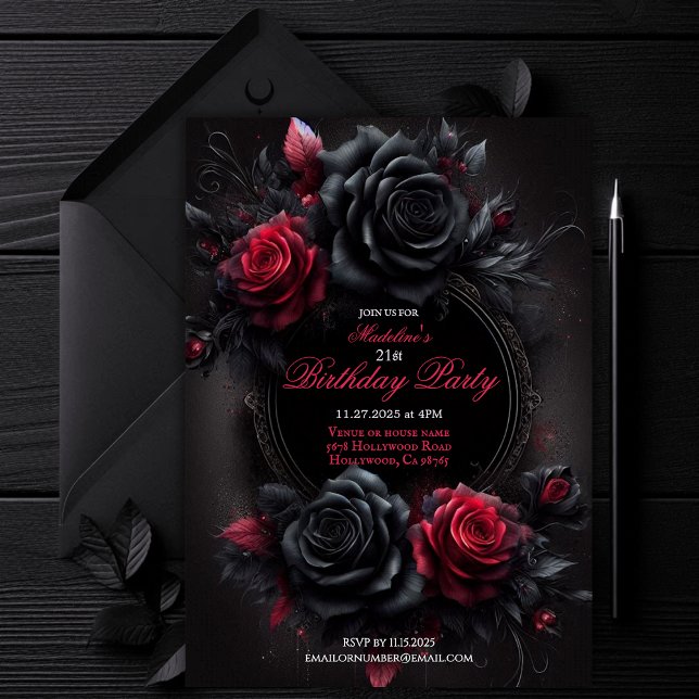 Rot und Schwarz Romantische Gotische Flora Geburts Einladung (gothic invitation, red roses invite, black roses invitation, customizable birthday invite, )
