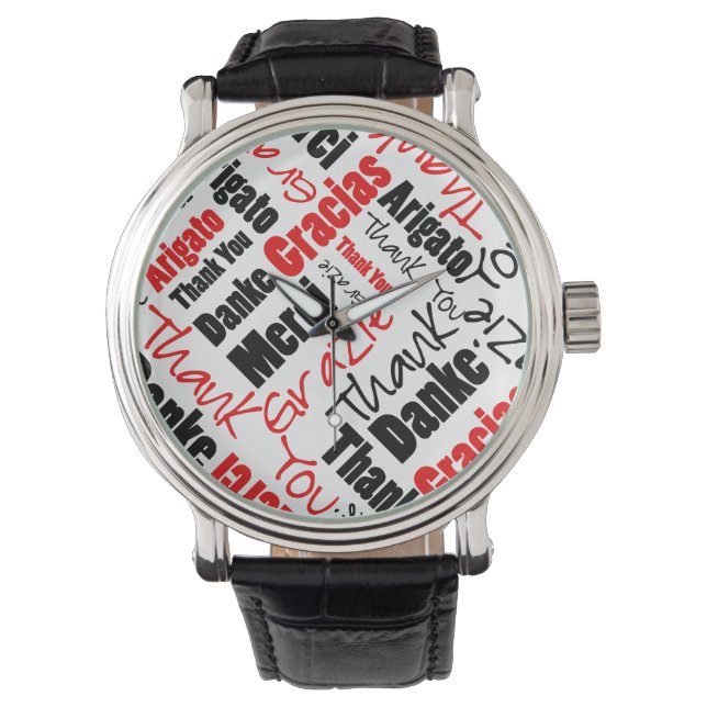 Rot und Schwarz Vielen Dank Word Cloud Armbanduhr (Vorderseite)