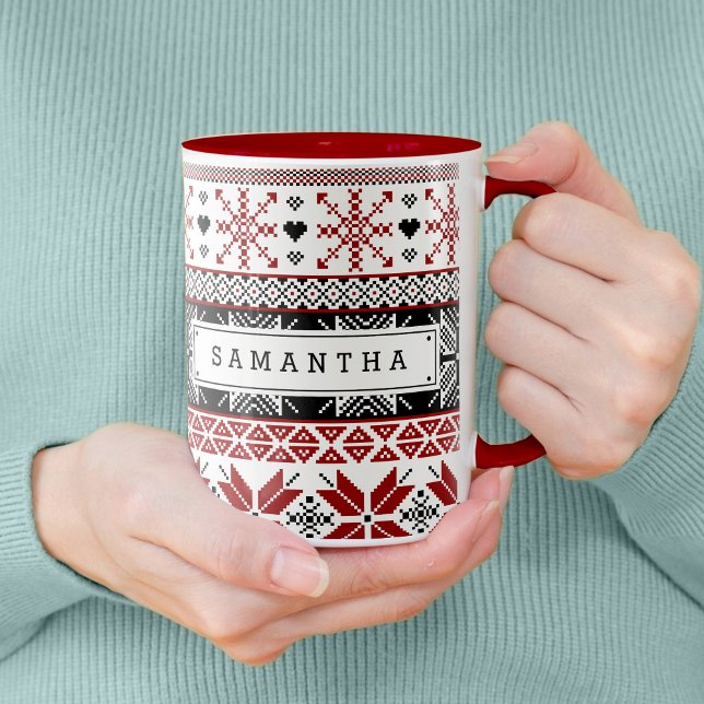 Rot und Schwarz Winter Messe Isle Pattern Tasse (Winter Fair Isle Pattern with Custom Name Tall Mug)