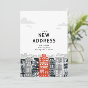 Rot und schwarze neue Adresse mit Cartoon-Stadt Einladung