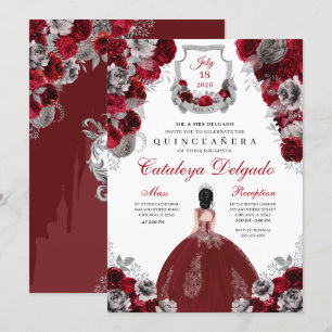 Rot und Silber Flora Elegant Quinceñera Einladung