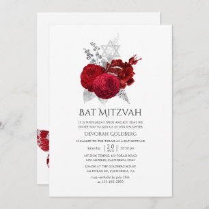 Rot und Silber Vintage Rose Bat Mitzvah Einladung