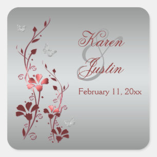 Rot und Silberflor mit Schmetterlingsaufkleber Quadratischer Aufkleber