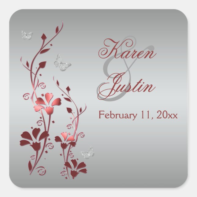 Rot und Silberflor mit Schmetterlingsaufkleber Quadratischer Aufkleber (Vorderseite)