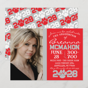 Rot und Silbergrau Paw Print Abschluss Foto Einladung