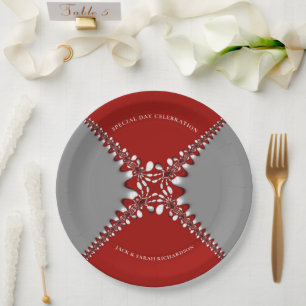 Rot und Silver Batik Fraktal Lace Pappteller