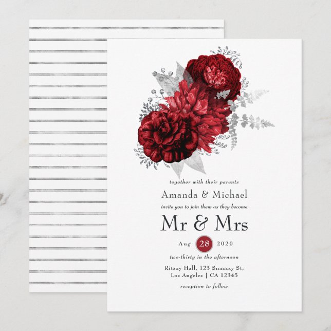 Rot und Silver Floral Mr. & Mrs. Wedding Einladung (Vorne/Hinten)