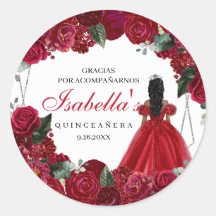 Rot und Silver Floral Quinceanera Runder Aufkleber