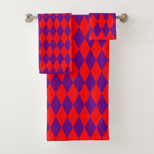 Rot und violett kariertes Harlekin-Design Badhandtuch Set