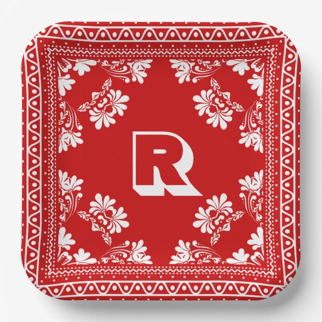 Rot und weiß Bandana-Design mit Monogramm Pappteller (Vorderseite)