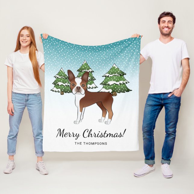 Rot und Weiß Boston Terrier in einem Winterwald Fleecedecke (Beispiel)