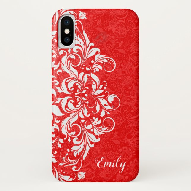 Rot und Weiß Elegante Girly Floral Lace Monogramm Case-Mate iPhone Hülle (Rückseite)