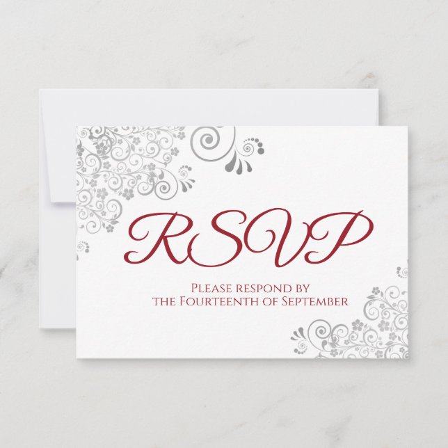 Rot und Weiß Elegante Silver Lace Wedding RSVP Karte (Vorderseite)